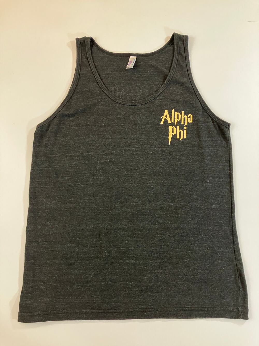 Alpha Phi Harry Potter Dumbledore Quote Tank Top M Sorority Made USA Gray Gold